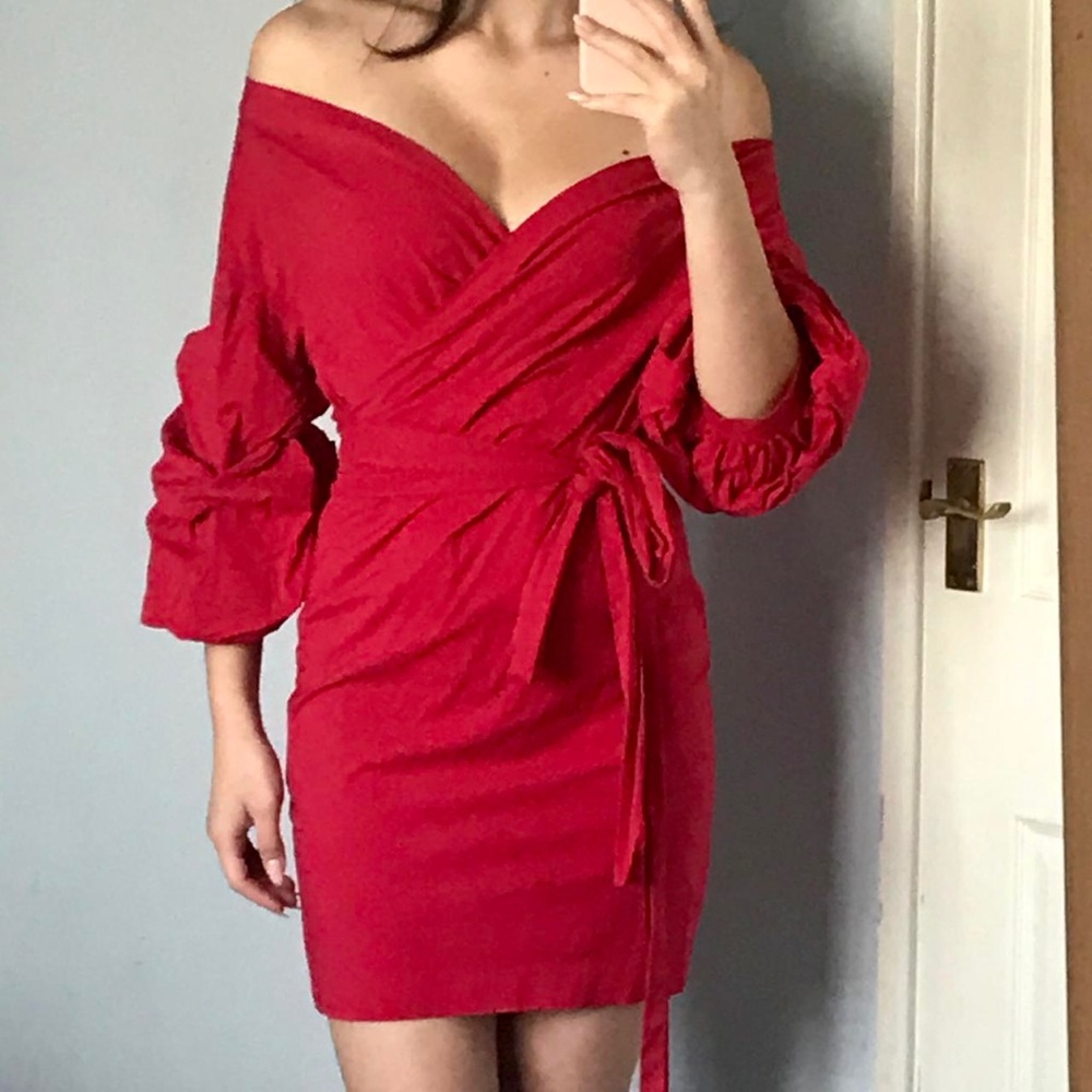 Zara Red Off-Shoulder Wrap Mini Dress